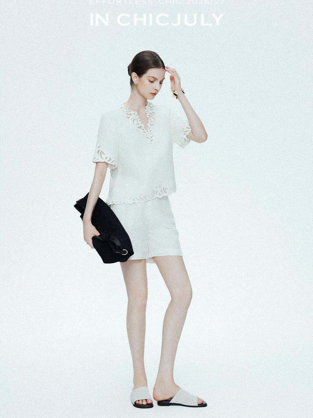 chicjuly Neapolitan Embroidered Cutout Sleeves Women's Linen Short Sleeve T-shirts
