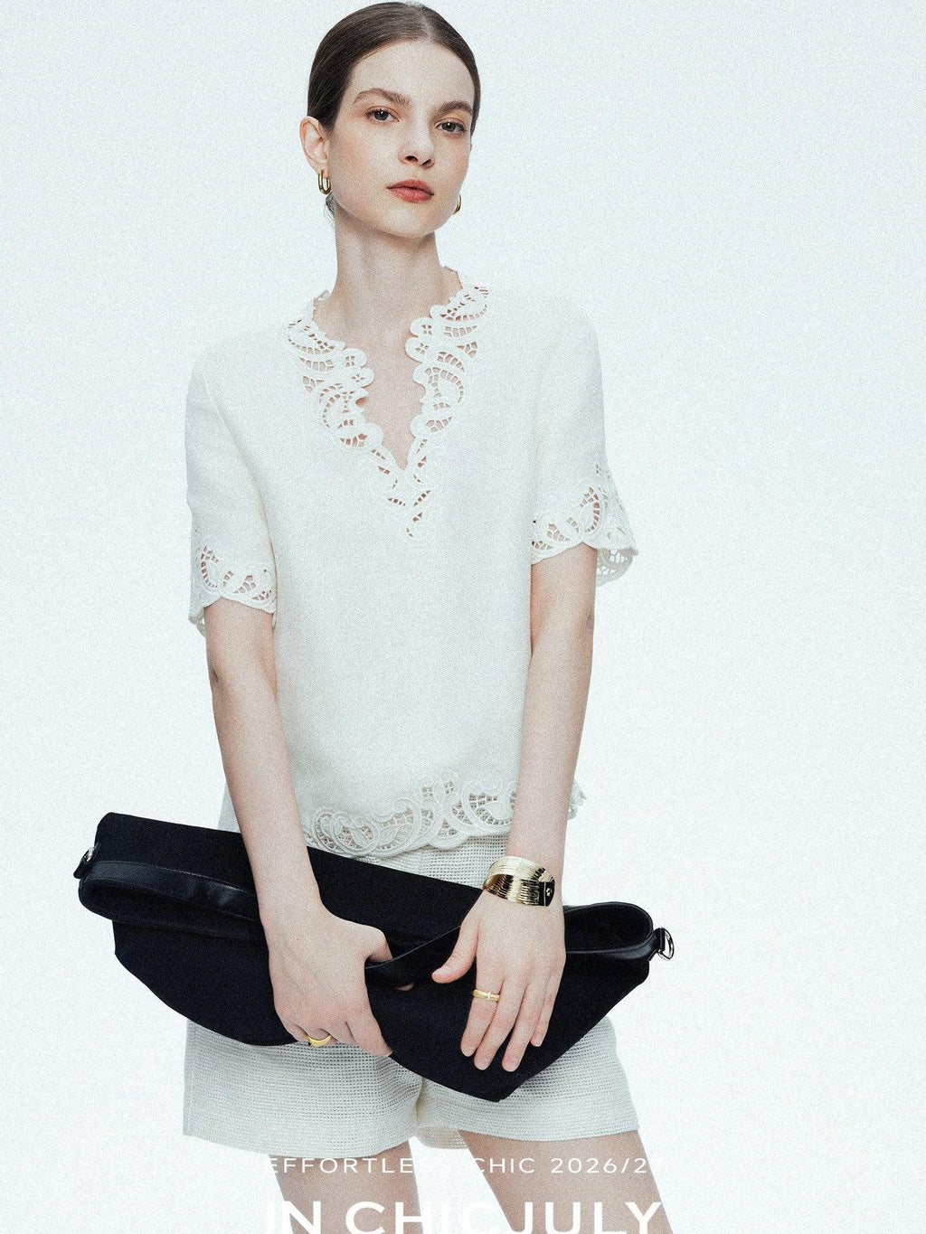chicjuly Neapolitan Embroidered Cutout Sleeves Women's Linen Short Sleeve T-shirts