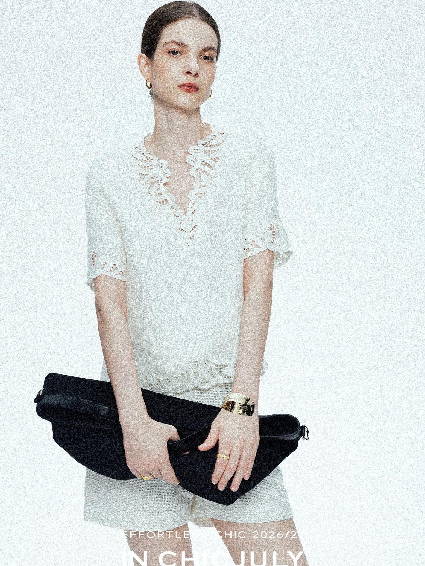 chicjuly Neapolitan Embroidered Cutout Sleeves Women's Linen Short Sleeve T-shirts
