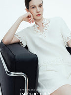 chicjuly Neapolitan Embroidered Cutout Sleeves Women's Linen Short Sleeve T-shirts