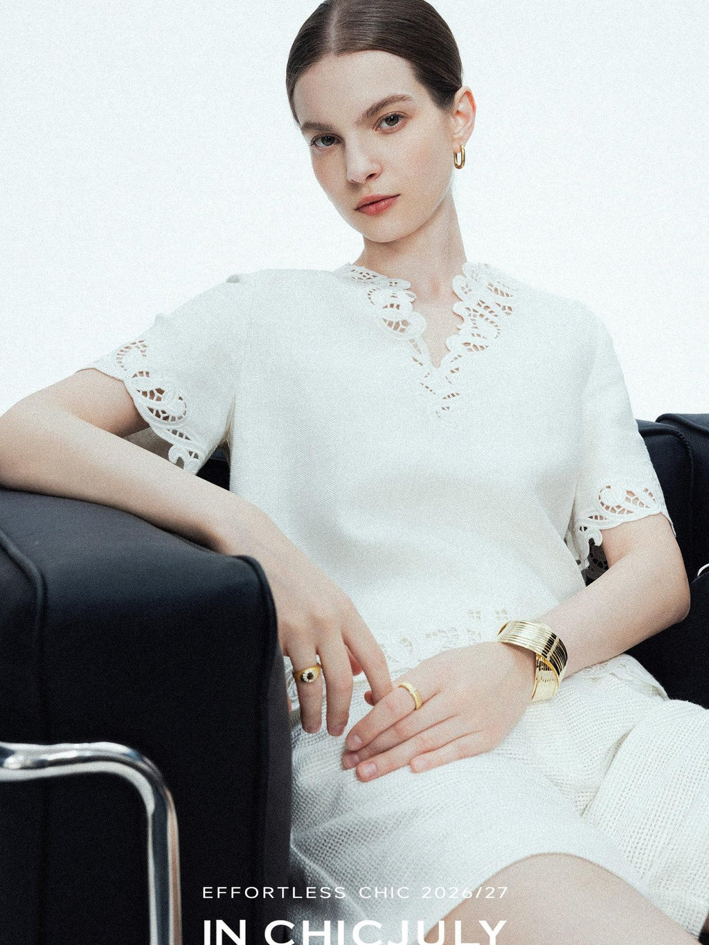 chicjuly Neapolitan Embroidered Cutout Sleeves Women's Linen Short Sleeve T-shirts
