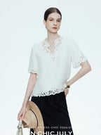 chicjuly Neapolitan Embroidered Cutout Sleeves Women's Linen Short Sleeve T-shirts