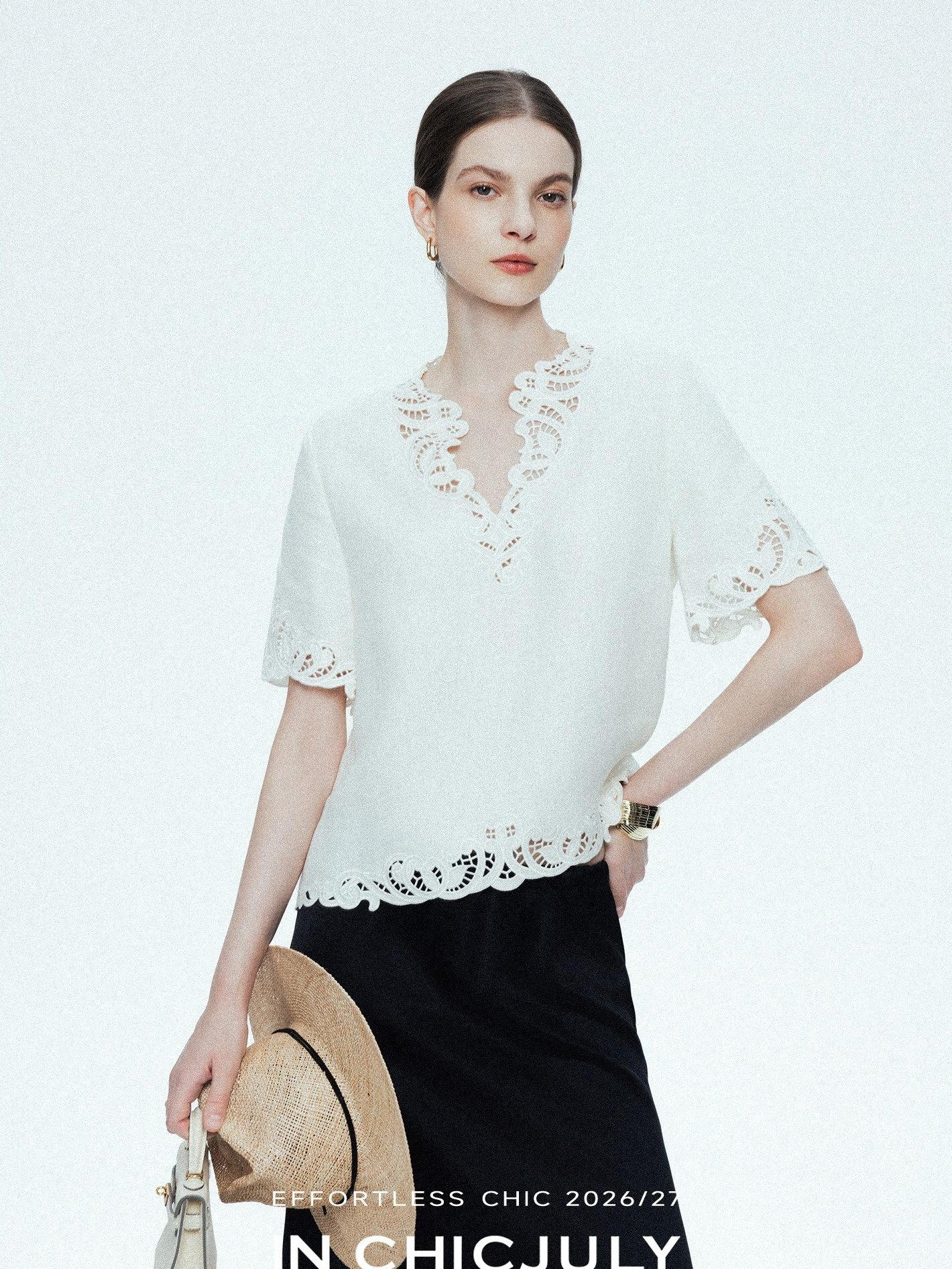 chicjuly Neapolitan Embroidered Cutout Sleeves Women's Linen Short Sleeve T-shirts