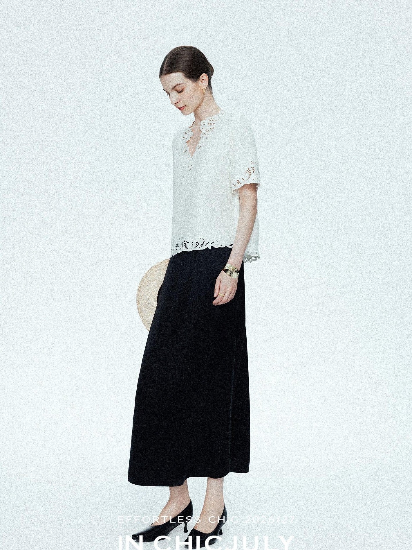 chicjuly Neapolitan Embroidered Cutout Sleeves Women's Linen Short Sleeve T-shirts