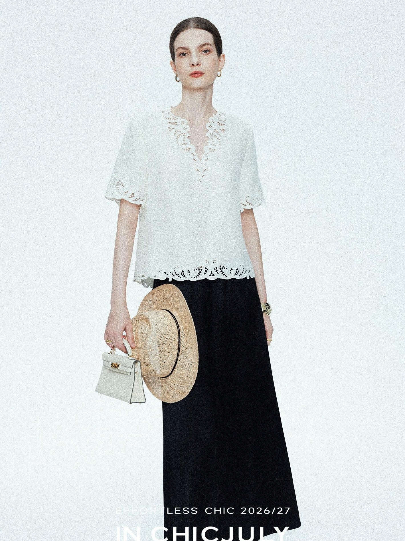 chicjuly Neapolitan Embroidered Cutout Sleeves Women's Linen Short Sleeve T-shirts