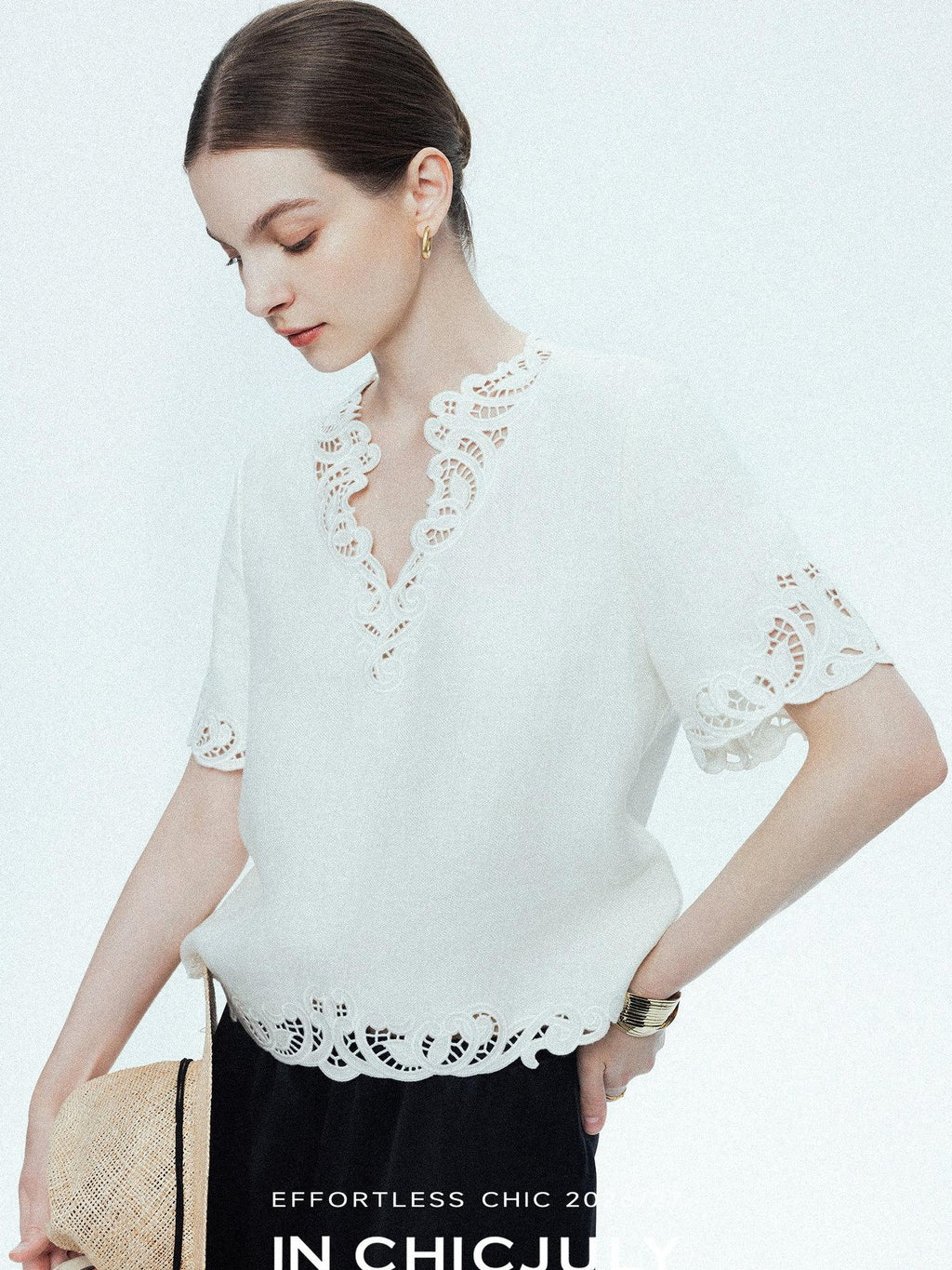 chicjuly Neapolitan Embroidered Cutout Sleeves Women's Linen Short Sleeve T-shirts