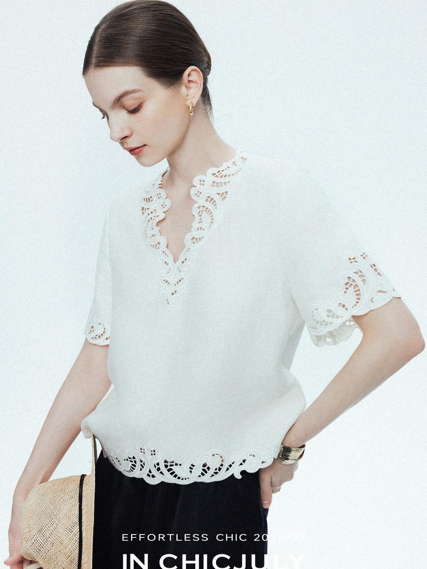 chicjuly Neapolitan Embroidered Cutout Sleeves Women's Linen Short Sleeve T-shirts