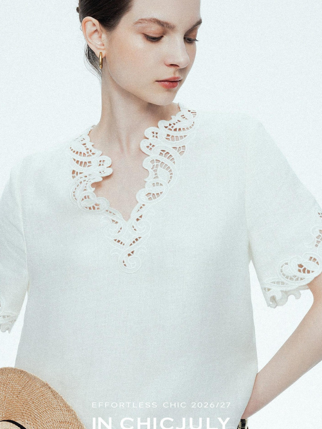 chicjuly Neapolitan Embroidered Cutout Sleeves Women's Linen Short Sleeve T-shirts