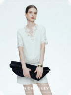 chicjuly Neapolitan Embroidered Cutout Sleeves Women's Linen Short Sleeve T-shirts