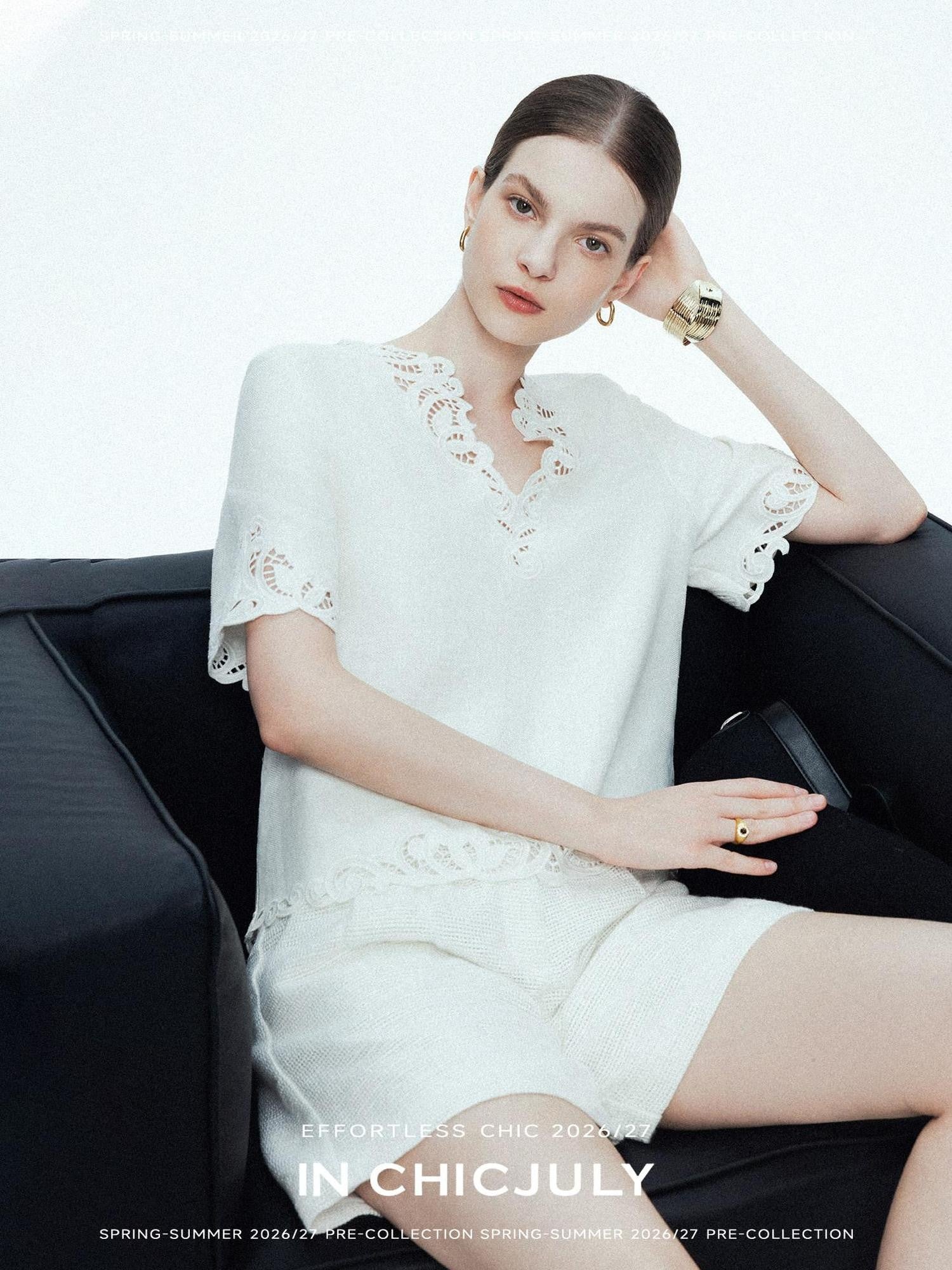 chicjuly Neapolitan Embroidered Cutout Sleeves Women's Linen Short Sleeve T-shirts