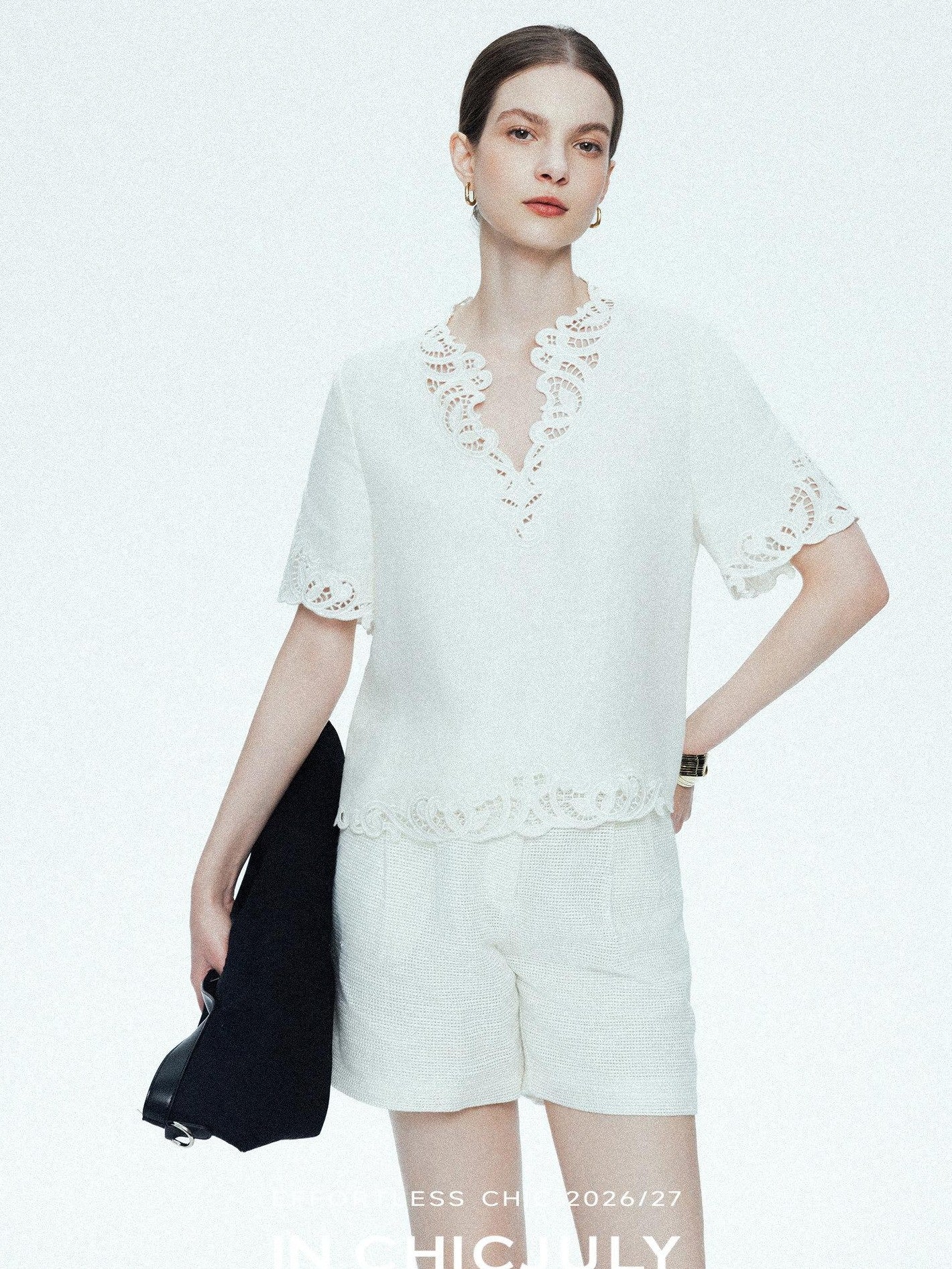 chicjuly Neapolitan Embroidered Cutout Sleeves Women's Linen Short Sleeve T-shirts