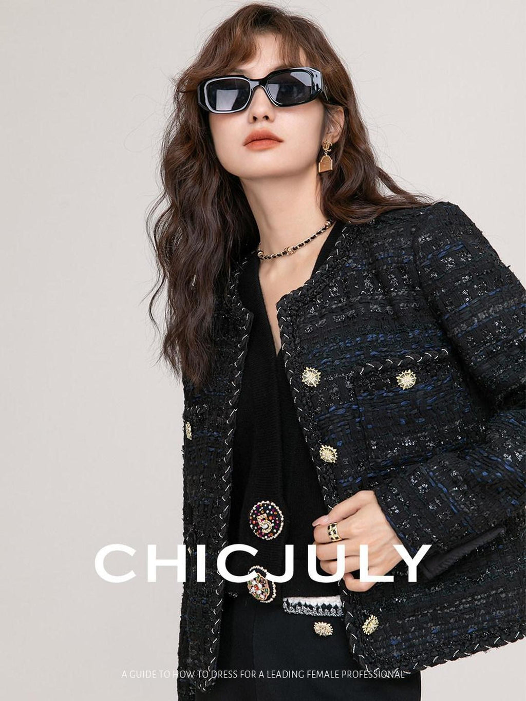 chicjuly Night Galaxy Round Neck Button Front Women's Boucle Tweed Jackets