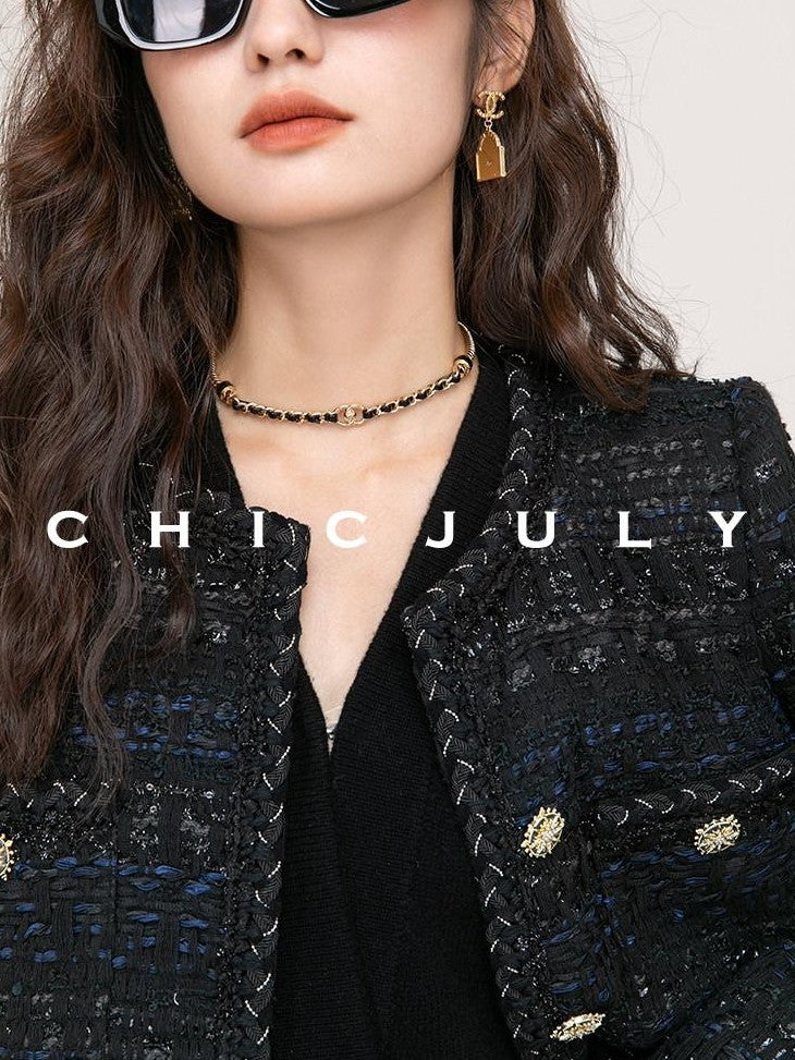 chicjuly Night Galaxy Round Neck Button Front Women's Boucle Tweed Jackets
