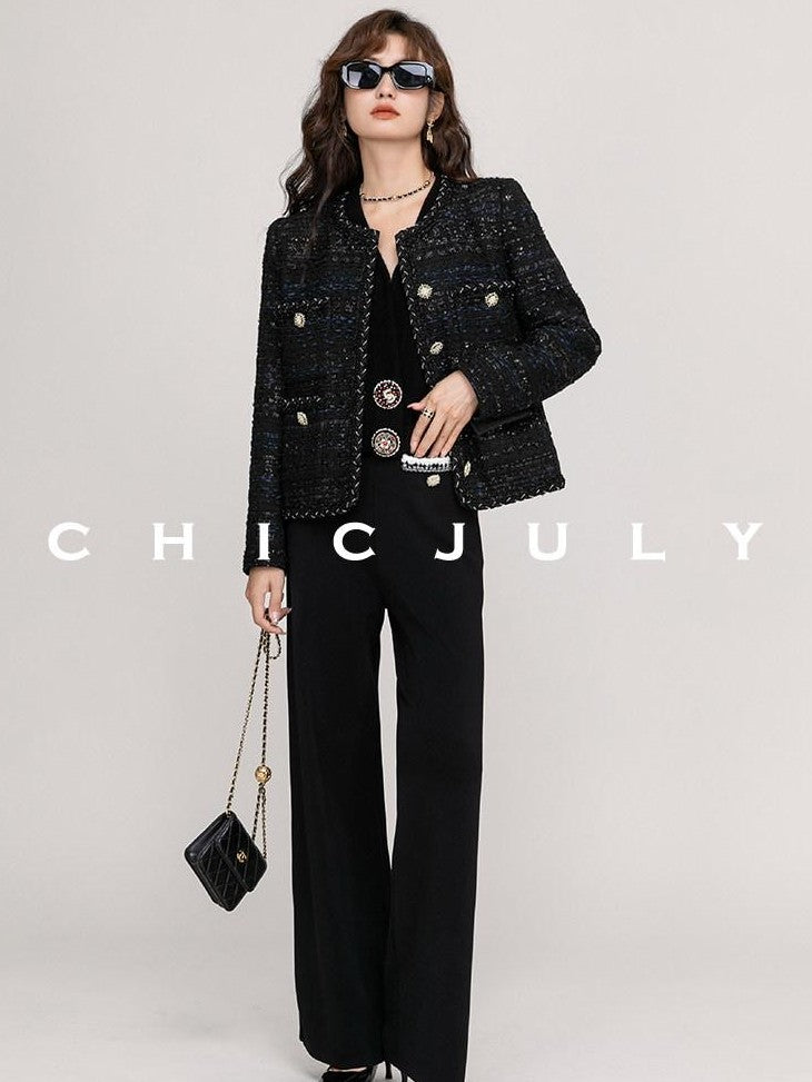 chicjuly Night Galaxy Round Neck Button Front Women's Boucle Tweed Jackets