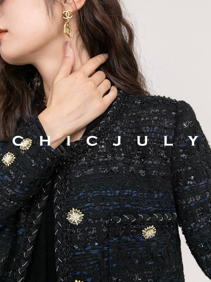 chicjuly Night Galaxy Round Neck Button Front Women's Boucle Tweed Jackets