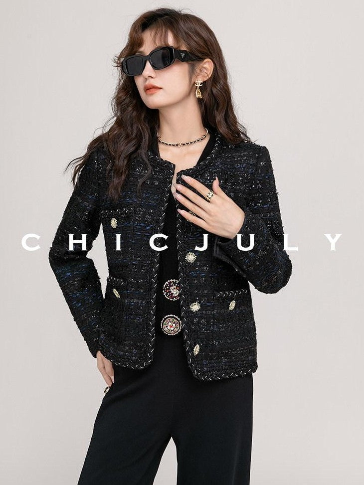 chicjuly Night Galaxy Round Neck Button Front Women's Boucle Tweed Jackets