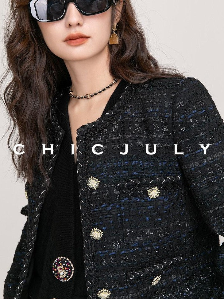 chicjuly Night Galaxy Round Neck Button Front Women's Boucle Tweed Jackets