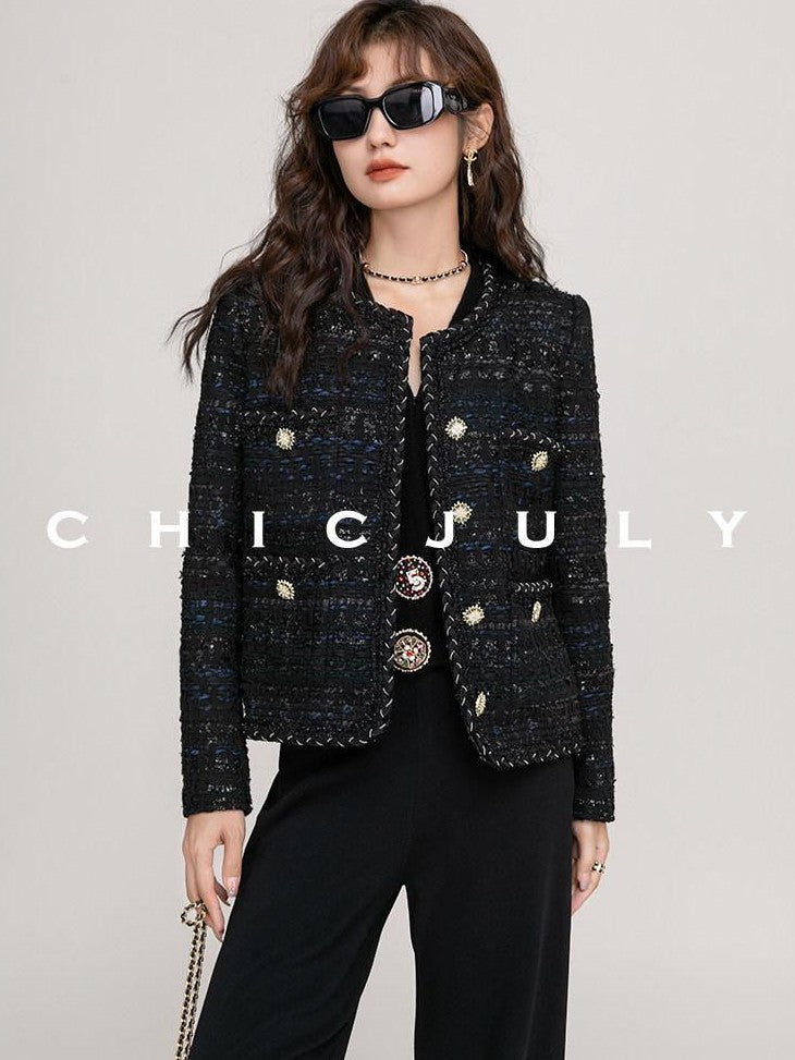 chicjuly Night Galaxy Round Neck Button Front Women's Boucle Tweed Jackets