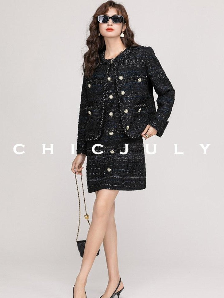 chicjuly Night Galaxy Round Neck Button Front Women's Boucle Tweed Jackets