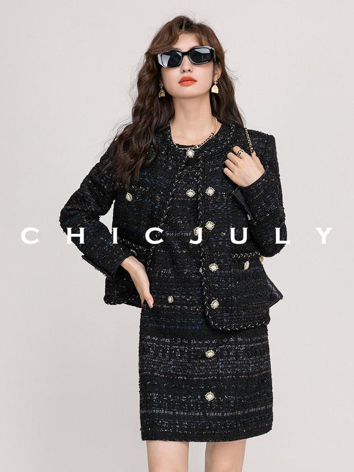 chicjuly Night Galaxy Round Neck Button Front Women's Boucle Tweed Jackets