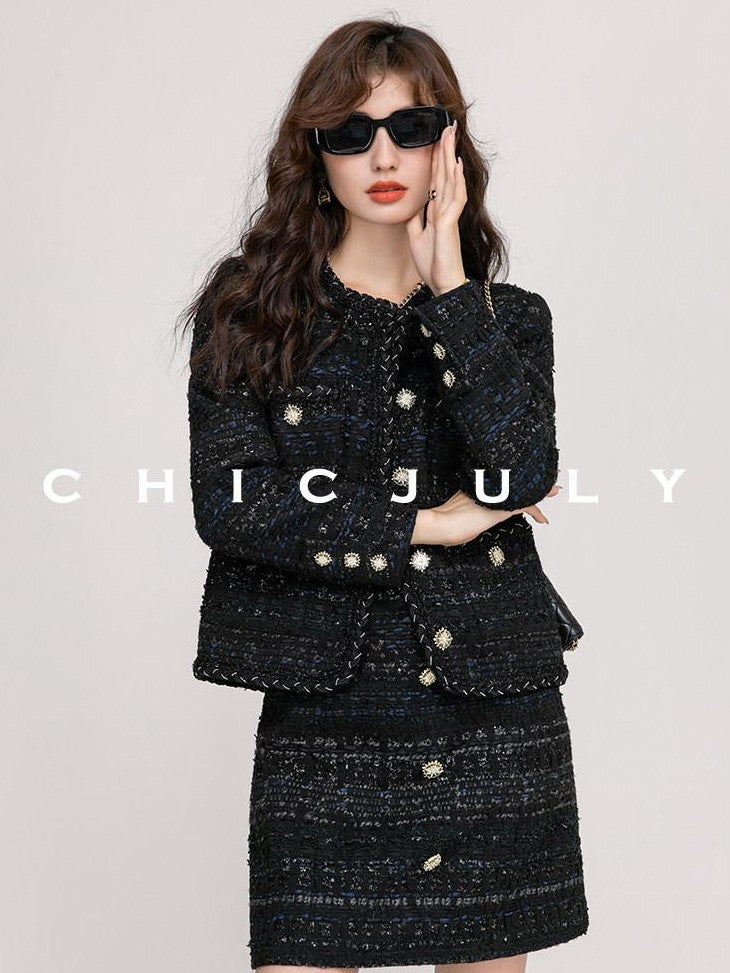 chicjuly Night Galaxy Round Neck Button Front Women's Boucle Tweed Jackets