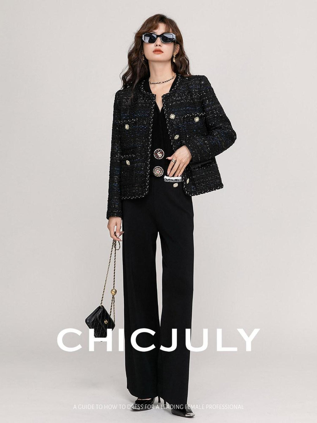 chicjuly Night Galaxy Round Neck Button Front Women's Boucle Tweed Jackets