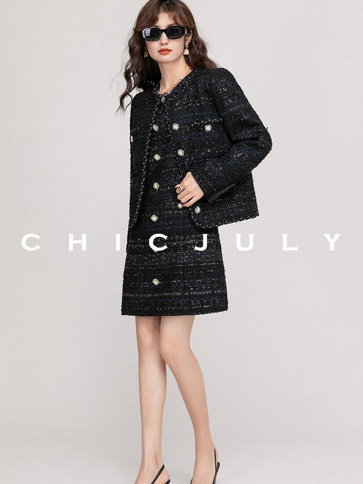 chicjuly Night Galaxy Round Neck Button Front Women's Boucle Tweed Jackets