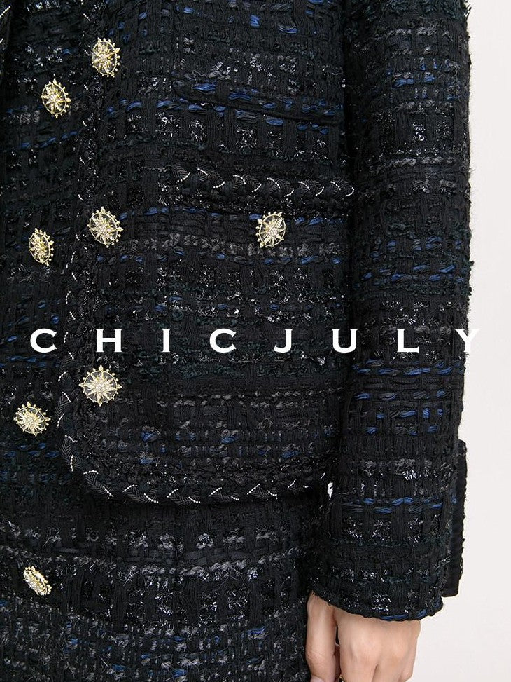 chicjuly Night Galaxy Round Neck Button Front Women's Boucle Tweed Jackets