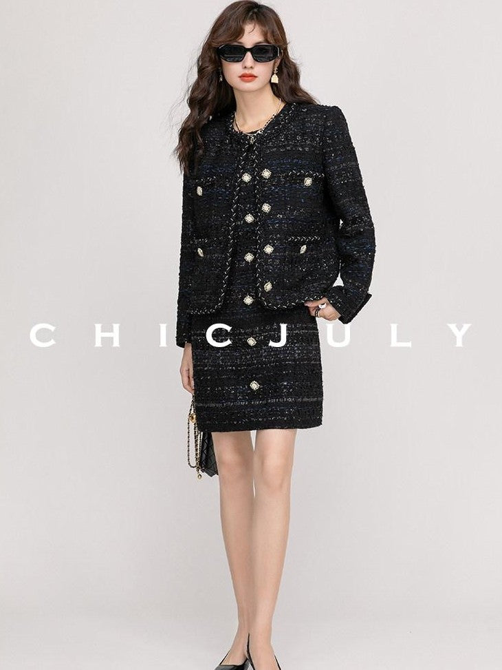 chicjuly Night Galaxy Round Neck Button Front Women's Boucle Tweed Jackets