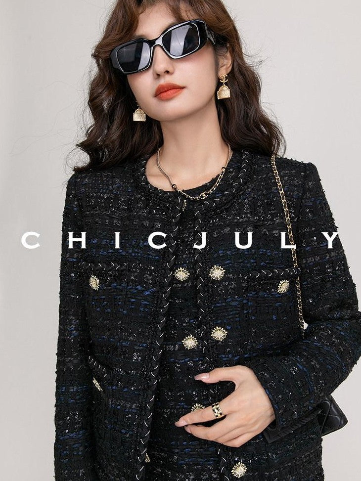 chicjuly Night Galaxy Round Neck Button Front Women's Boucle Tweed Jackets