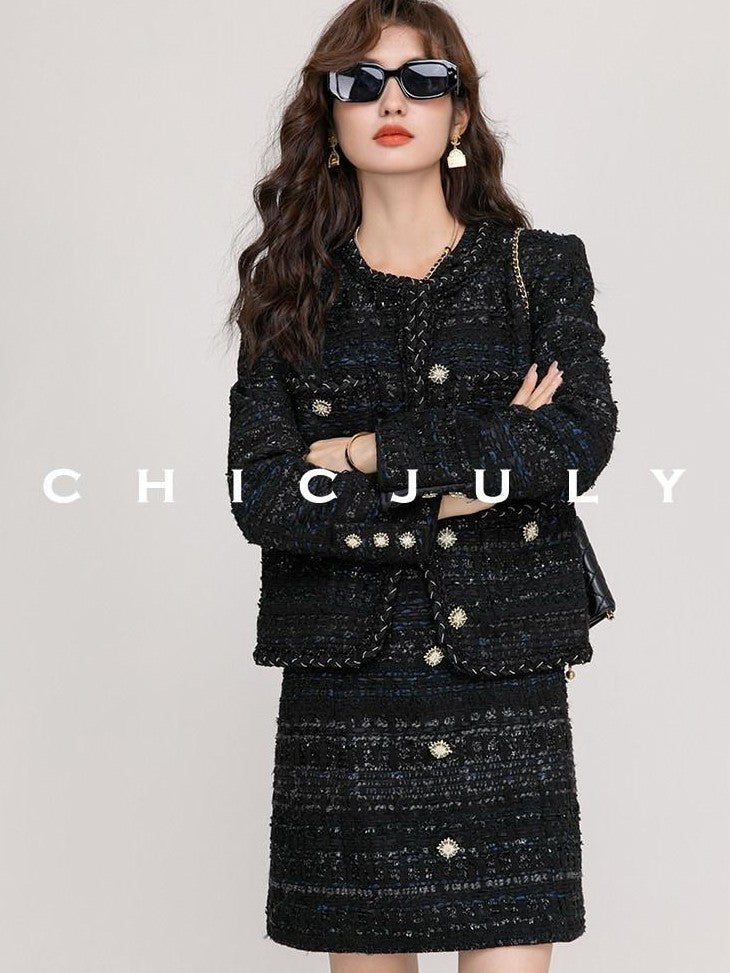 chicjuly Night Galaxy Round Neck Button Front Women's Boucle Tweed Jackets