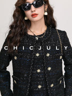chicjuly Night Galaxy Round Neck Button Front Women's Boucle Tweed Jackets