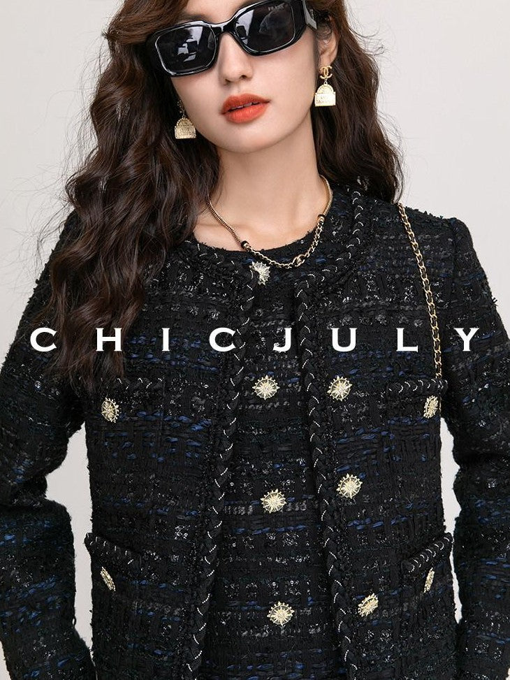 chicjuly Night Galaxy Round Neck Button Front Women's Boucle Tweed Jackets