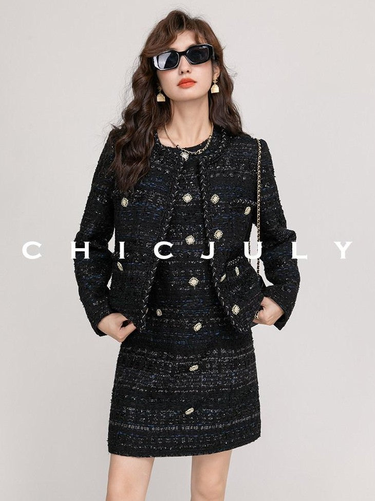 chicjuly Night Galaxy Round Neck Button Front Women's Boucle Tweed Jackets