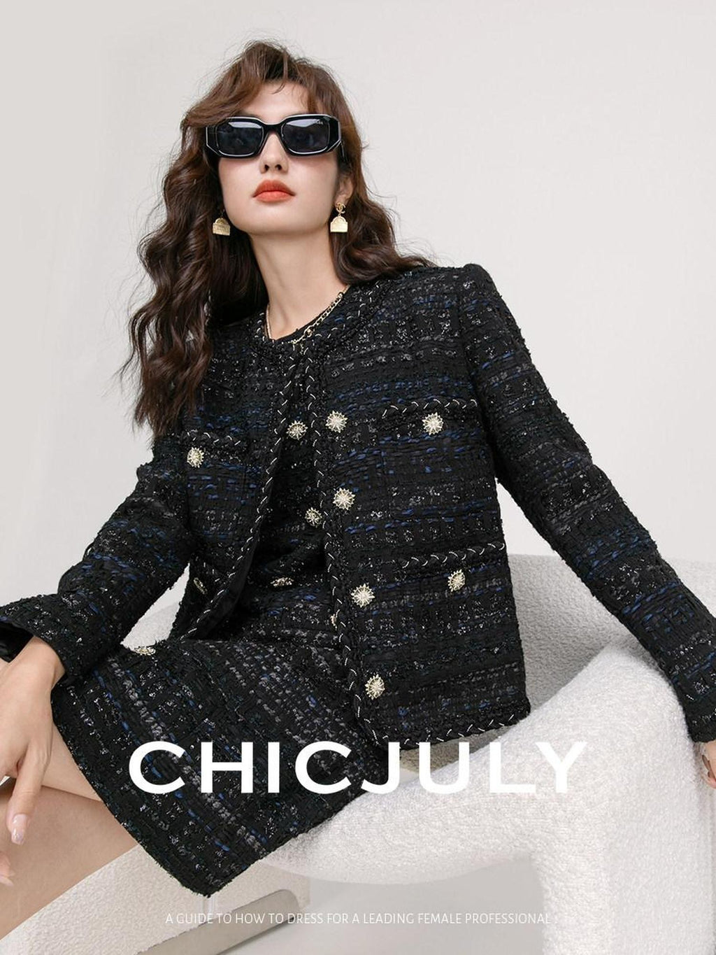 chicjuly Night Galaxy Round Neck Button Front Women's Boucle Tweed Jackets