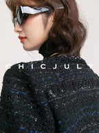 chicjuly Night Galaxy Round Neck Button Front Women's Boucle Tweed Jackets