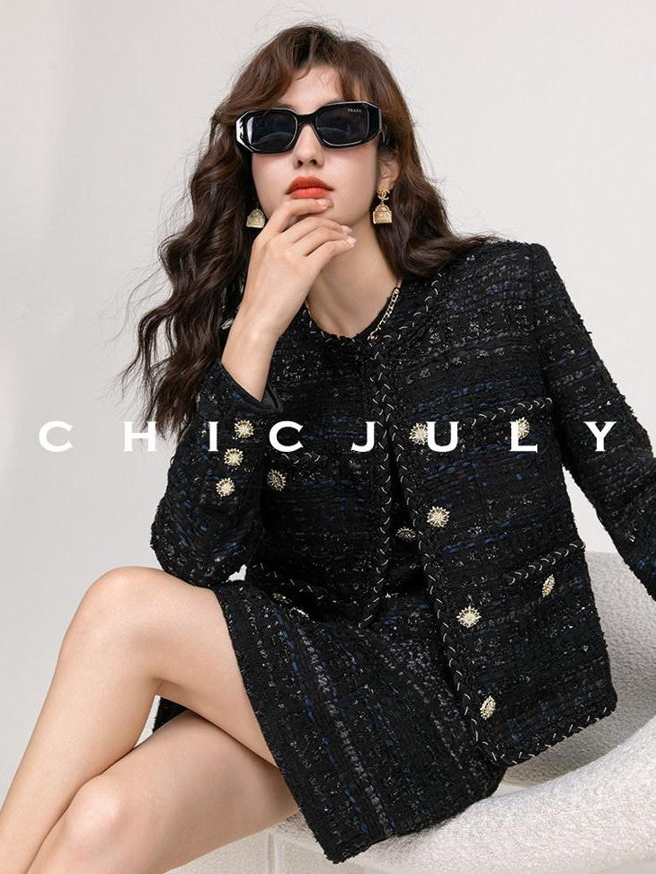 chicjuly Night Galaxy Round Neck Button Front Women's Boucle Tweed Jackets