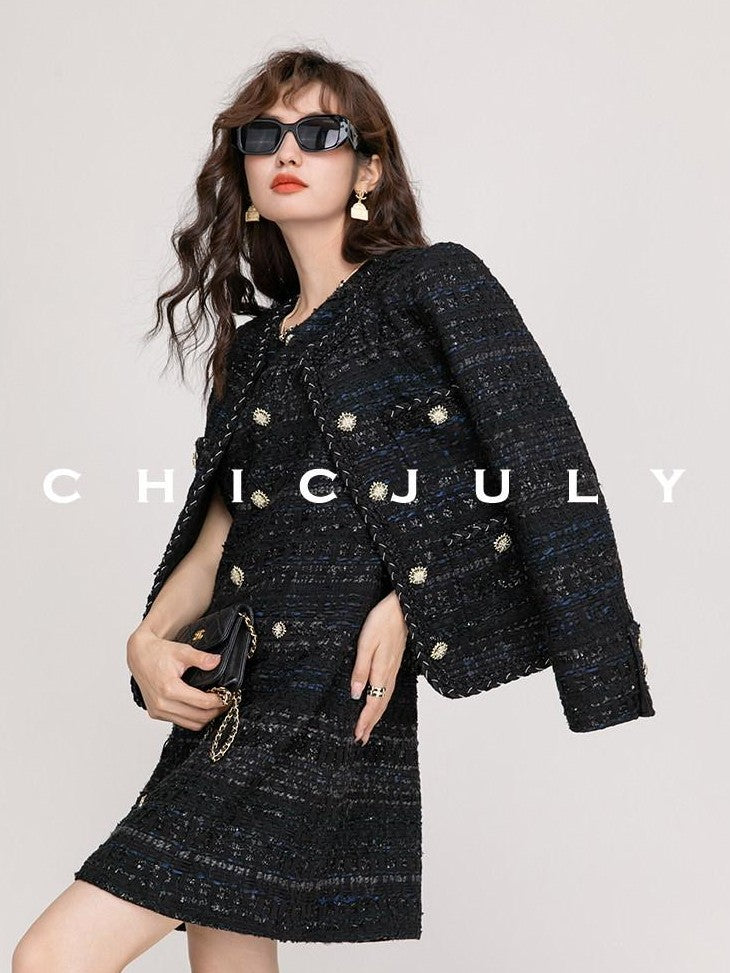 chicjuly Night Galaxy Round Neck Button Front Women's Boucle Tweed Jackets