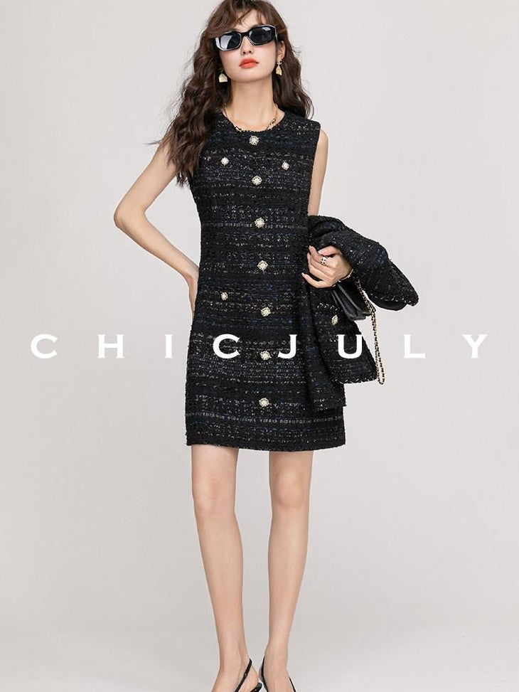 chicjuly Night Galaxy Round Neck Button Front Women's Boucle Tweed Jackets