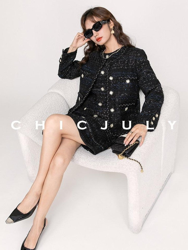 chicjuly Night Galaxy Round Neck Button Front Women's Boucle Tweed Jackets