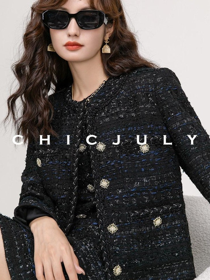 chicjuly Night Galaxy Round Neck Button Front Women's Boucle Tweed Jackets