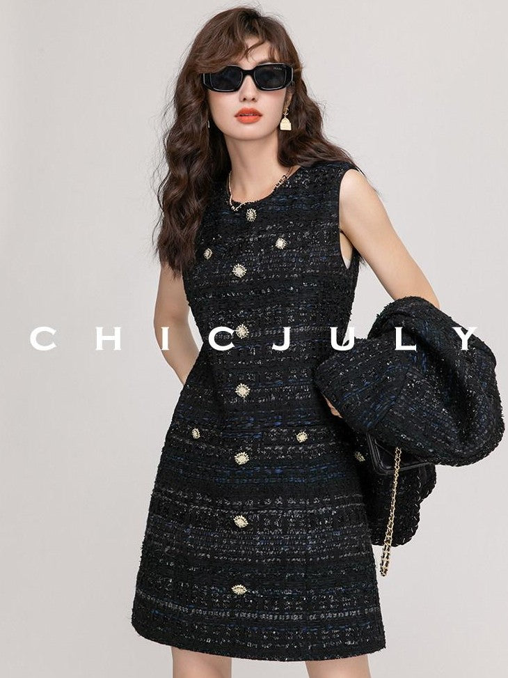 chicjuly Night Galaxy Round Neck Button Front Women's Boucle Tweed Jackets