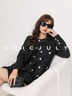 chicjuly Night Galaxy Round Neck Button Front Women's Boucle Tweed Jackets