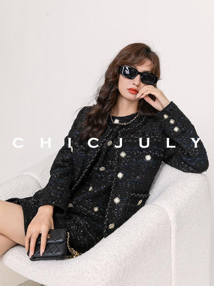 chicjuly Night Galaxy Round Neck Button Front Women's Boucle Tweed Jackets