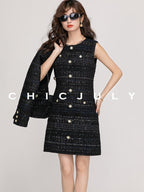 chicjuly Night Galaxy Round Neck Button Front Women's Boucle Tweed Jackets