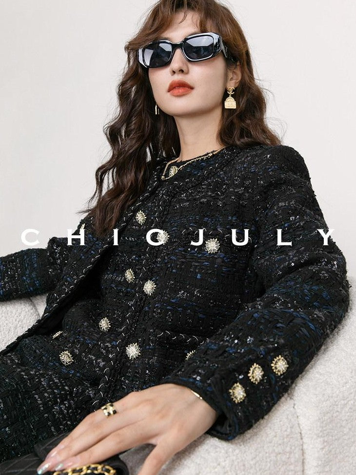 chicjuly Night Galaxy Round Neck Button Front Women's Boucle Tweed Jackets