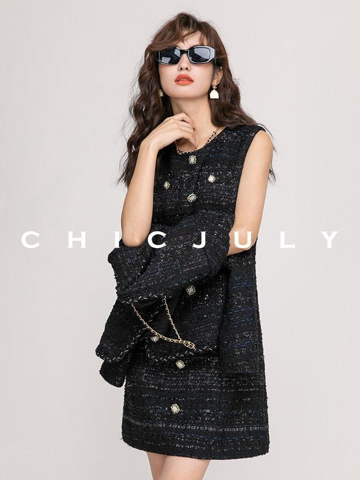 chicjuly Night Galaxy Round Neck Button Front Women's Boucle Tweed Jackets