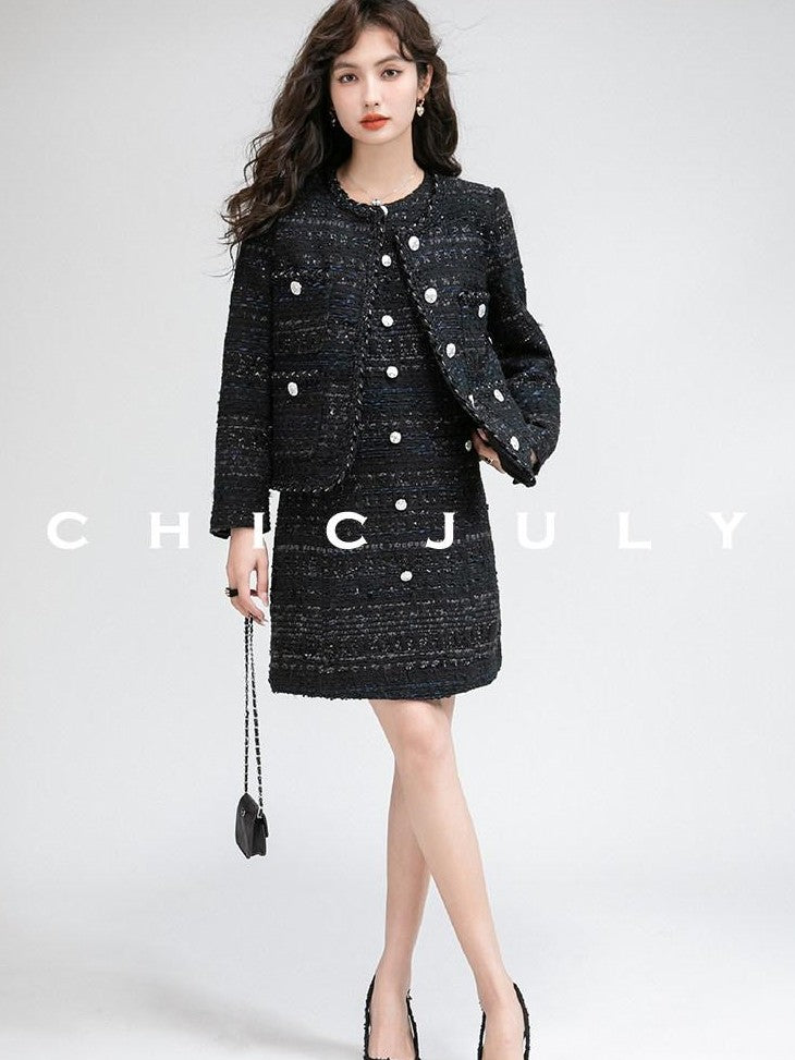 chicjuly Night Galaxy Round Neck Button Front Women's Boucle Tweed Jackets