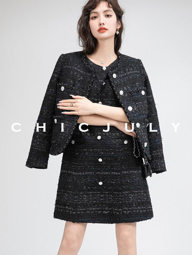 chicjuly Night Galaxy Round Neck Button Front Women's Boucle Tweed Jackets