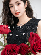 chicjuly Night Galaxy Round Neck Button Front Women's Boucle Tweed Jackets